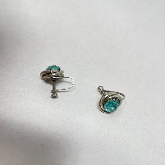 Vintage Silver-Tone Brooch & Earring Set Aqua Stones Leaves Floral Spray‎ Retro - Picture 8 of 11